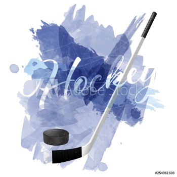 Picture of Abstract blue watercolor splashes with ice hockey equipment